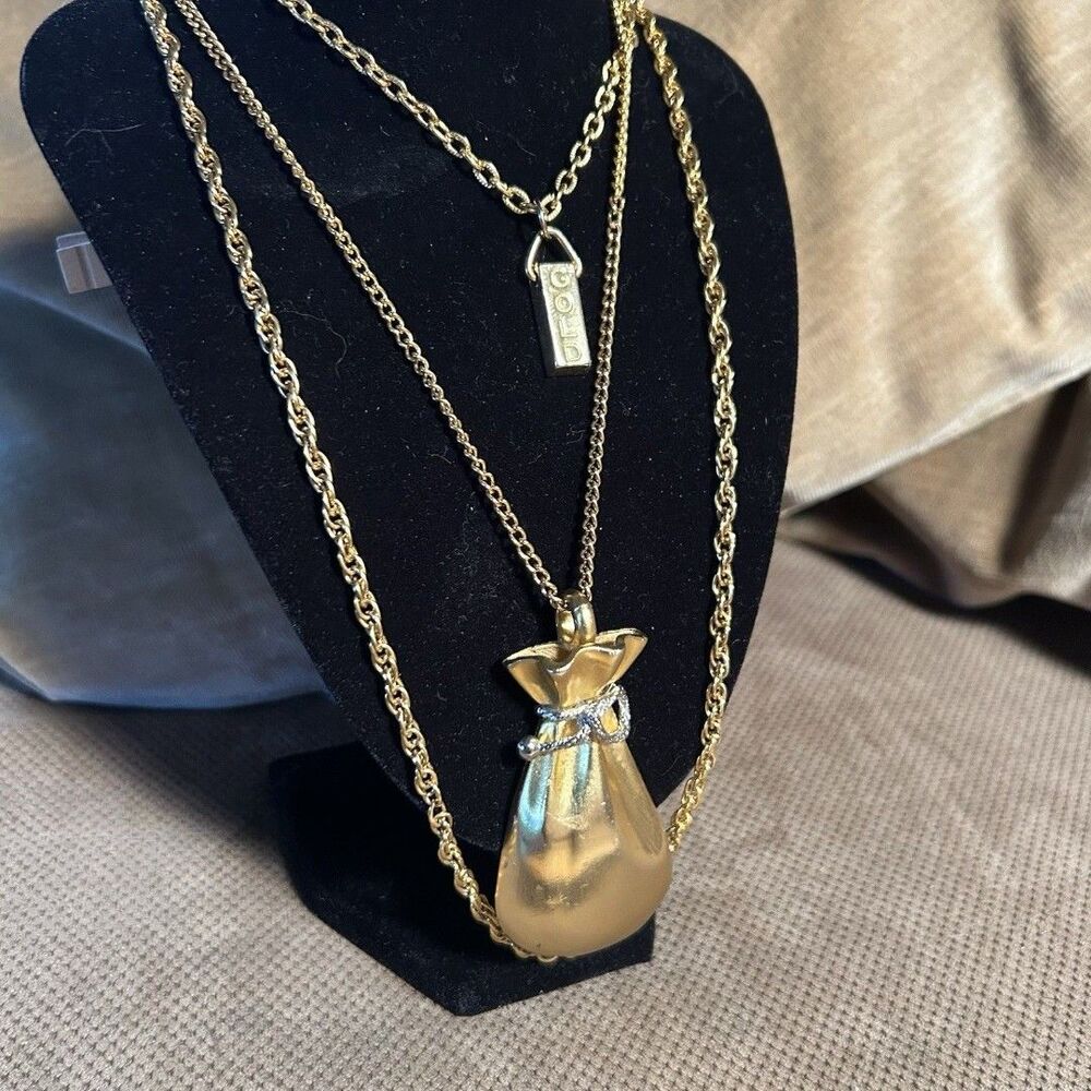 Vintage HMS costume Jewelry Gold Bar & Money Bag 3 Chains Long Pendant 80s BLING